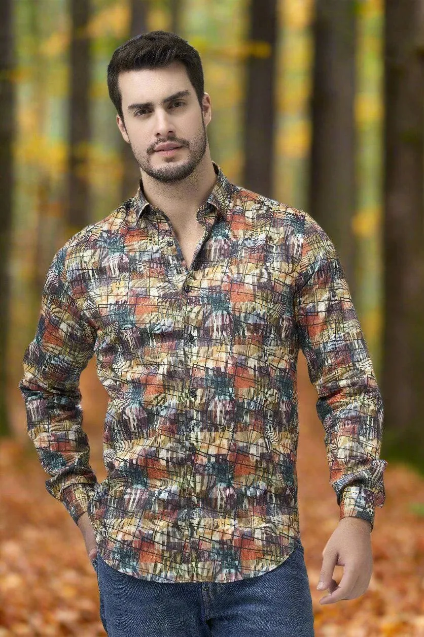 Chic Sunset Modern Print Long Sleeve Hidden Button Down Shirt