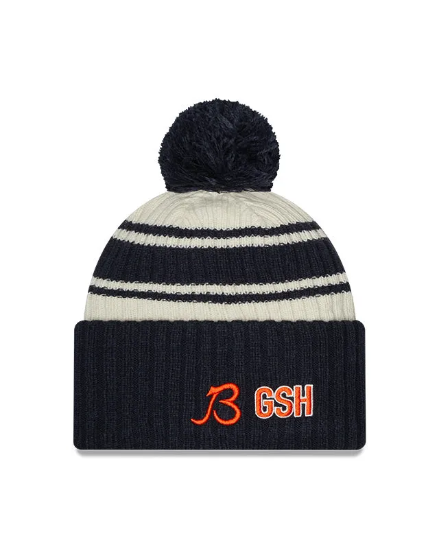 Chicago Bears "B" New Era 2022 Sideline - Sport Cuffed Pom Knit Hat - Cream/Navy