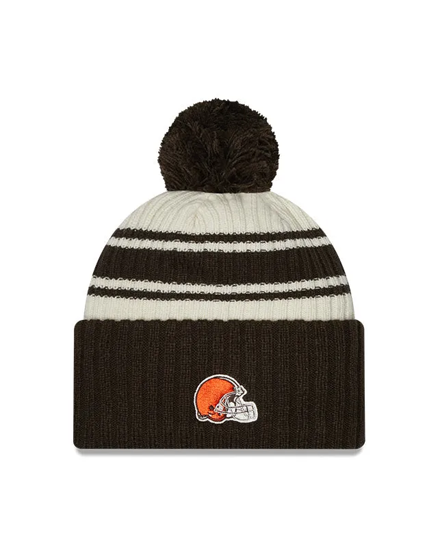 Cleveland Browns New Era 2022 Sideline - Sport Cuffed Pom Knit Hat - Cream/Brown