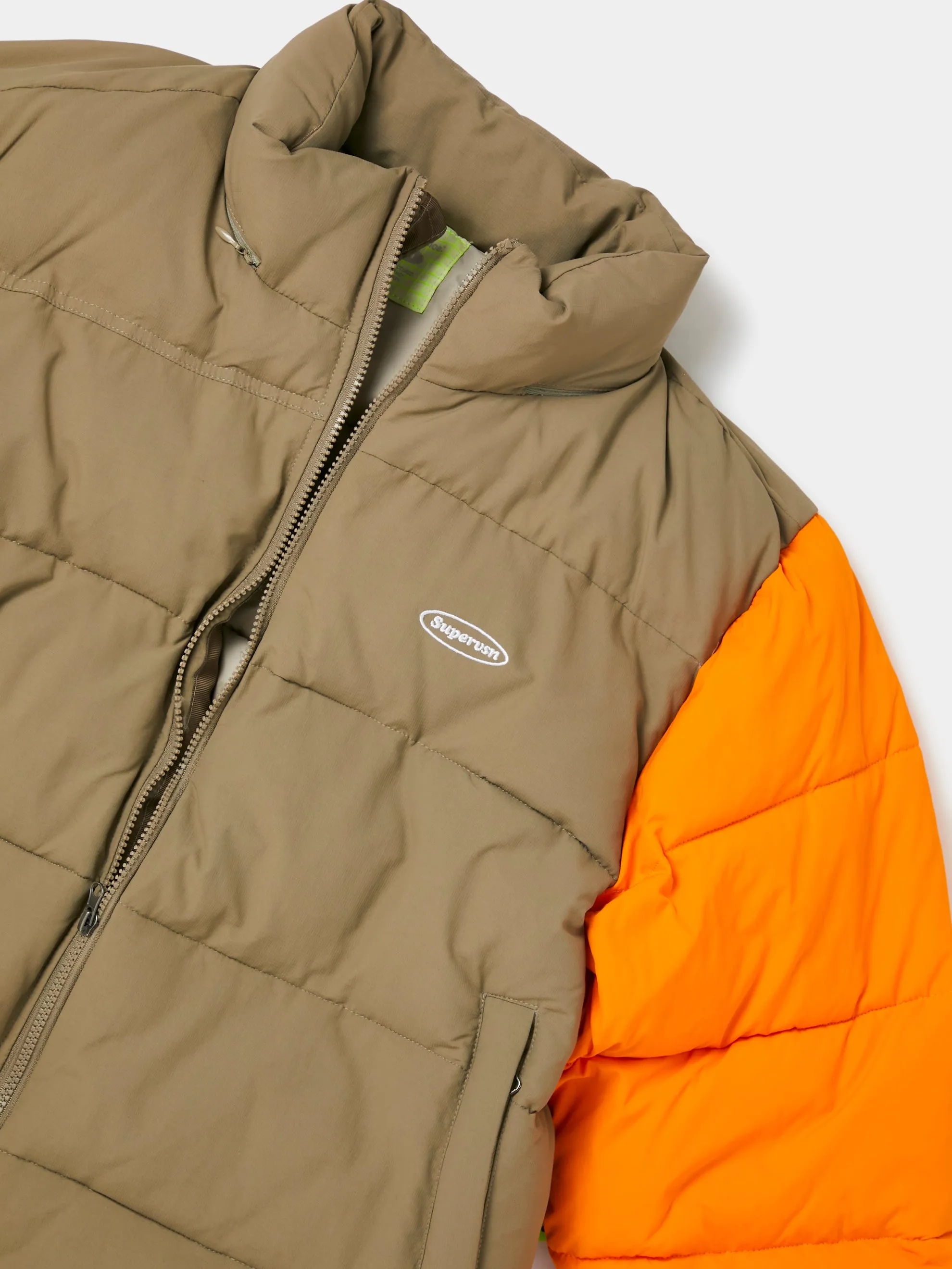 Contrast Sleeve Puffer Jacket (Khaki/Orange)
