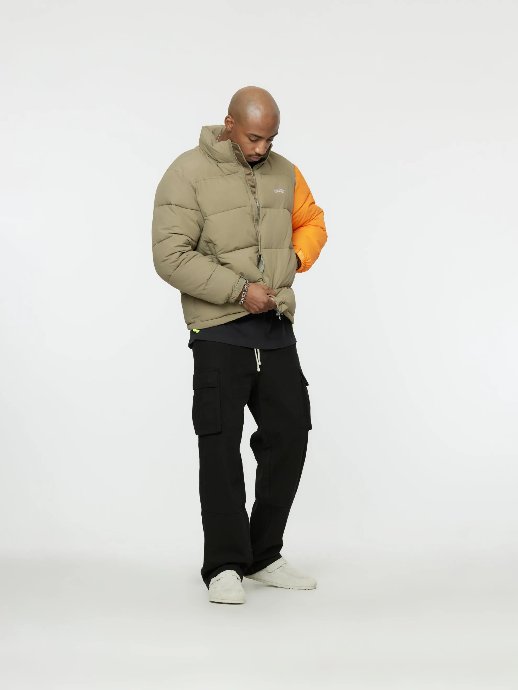 Contrast Sleeve Puffer Jacket (Khaki/Orange)