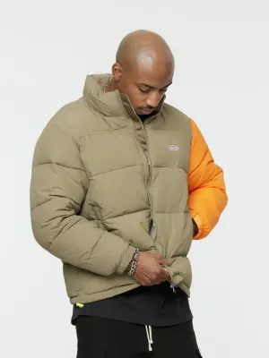 Contrast Sleeve Puffer Jacket (Khaki/Orange)