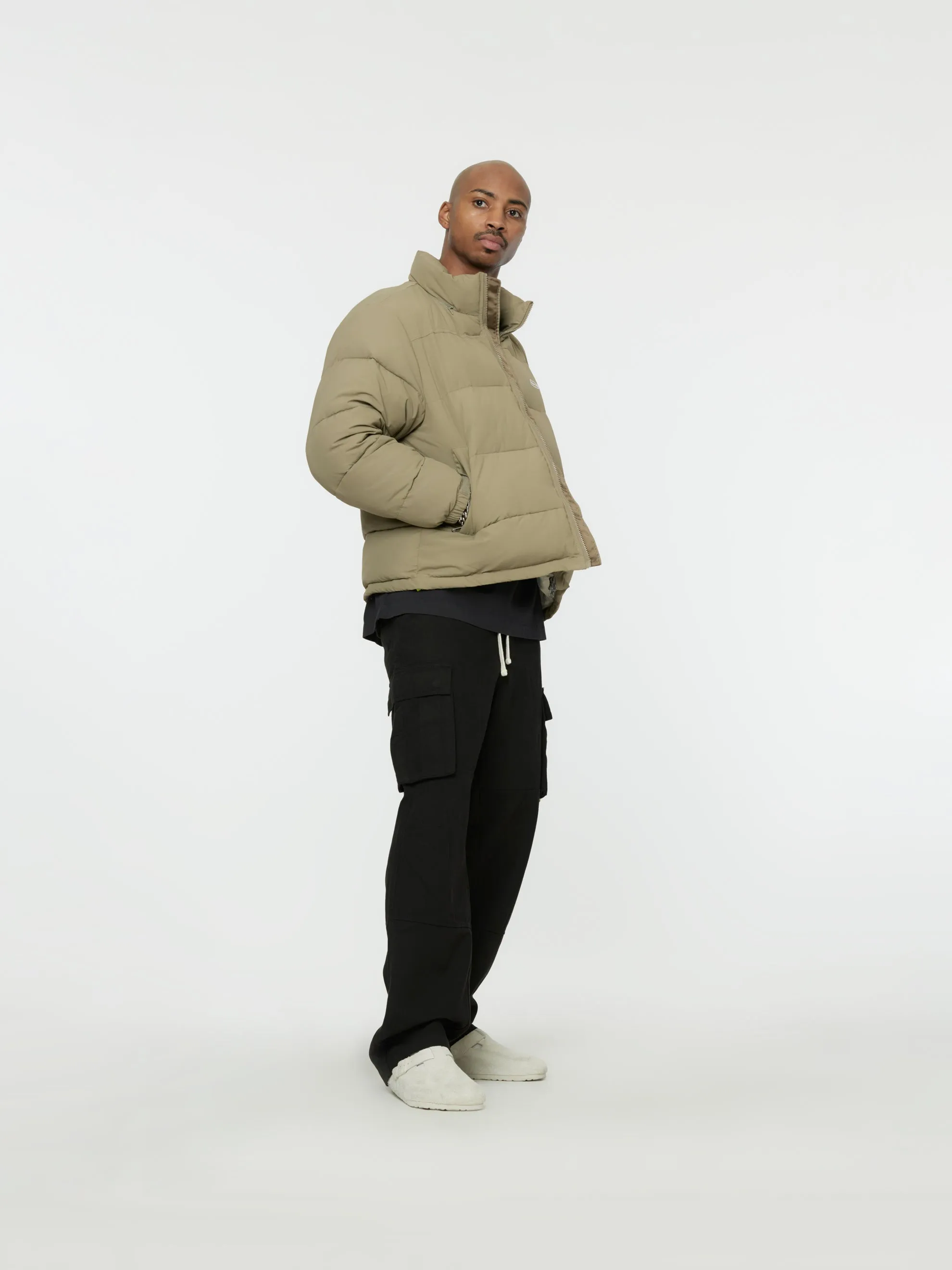 Contrast Sleeve Puffer Jacket (Khaki/Orange)