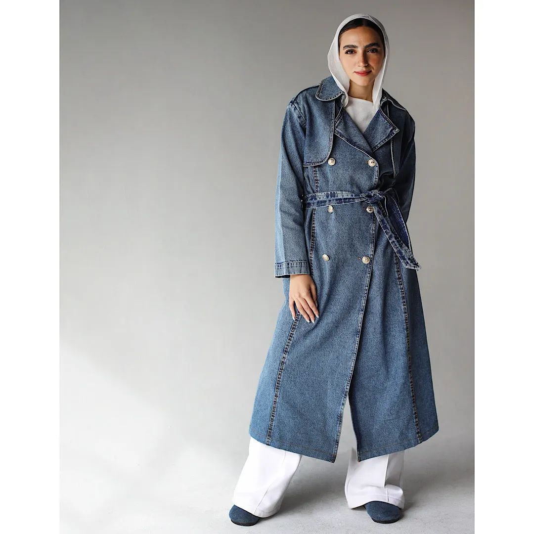Denim buttoned trench coat