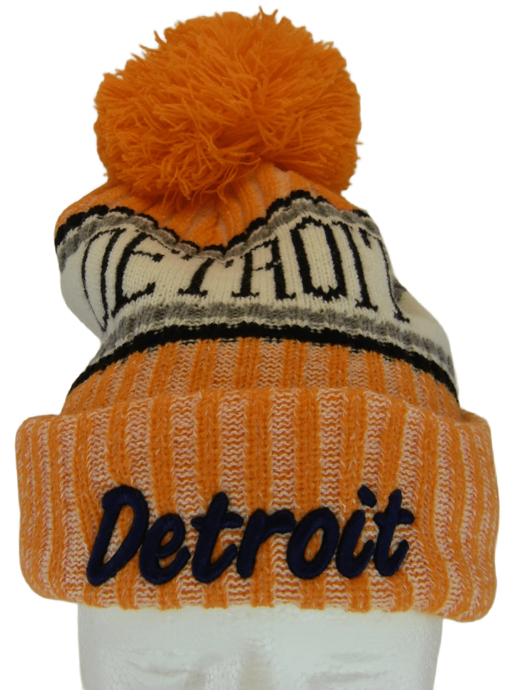 Detroit Plush Lined Embroidered Winter Knit Pom Beanie Hat (Orange)