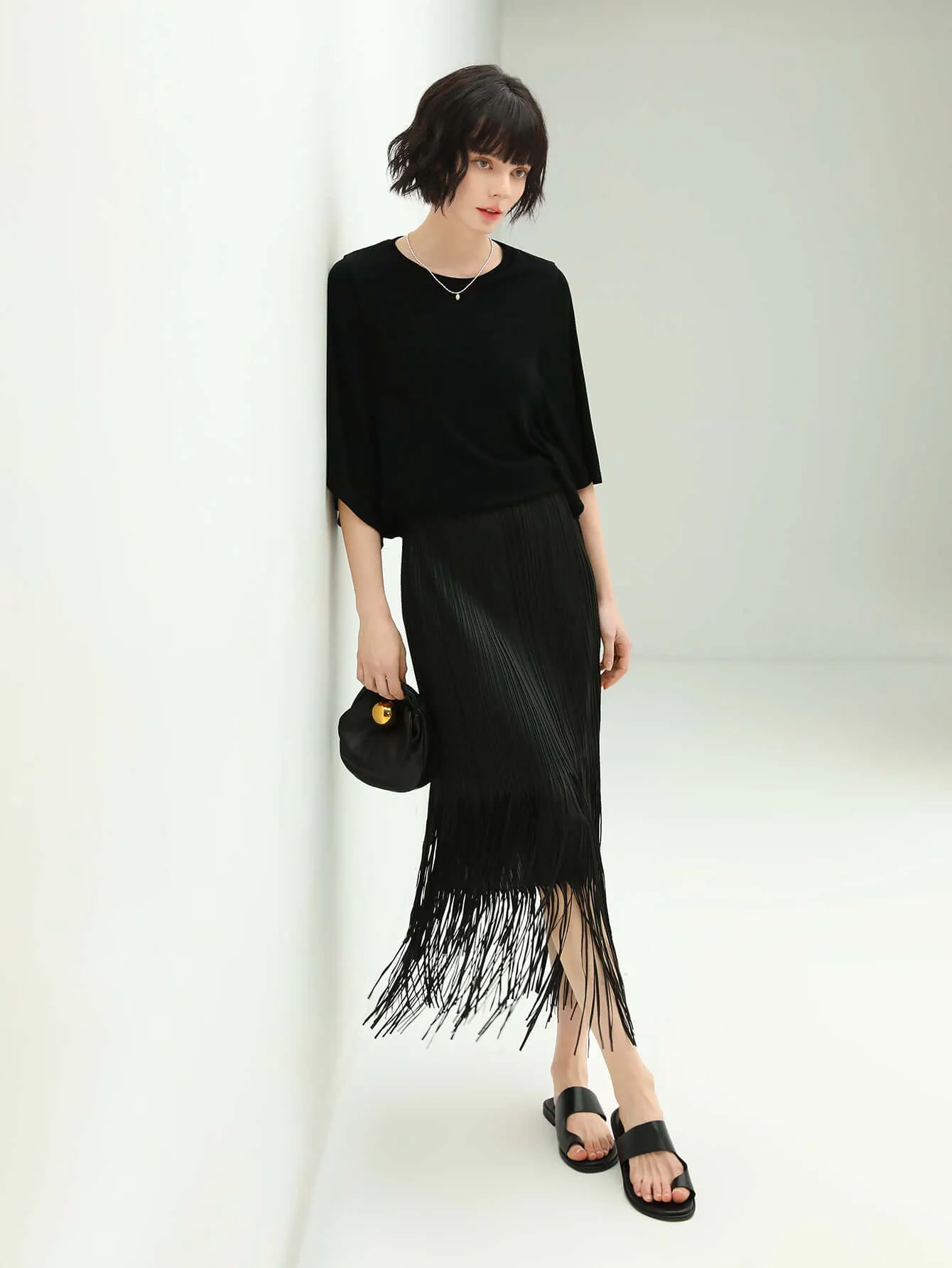 Elegant Black Double-Layered Fringe Pleated Skirt