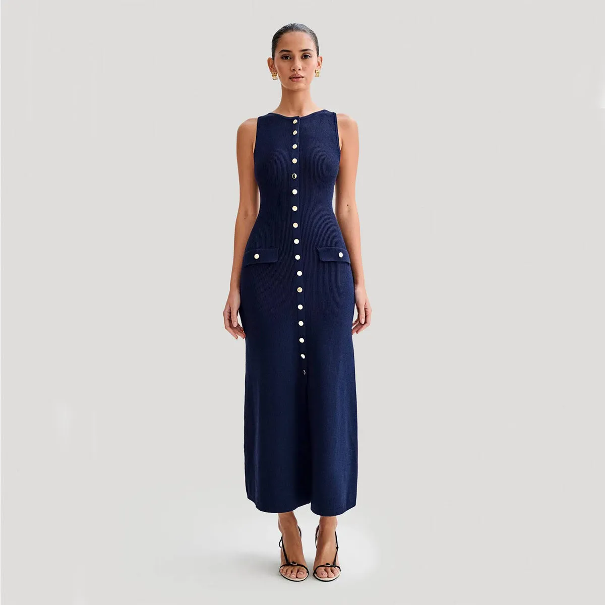 Elegant Knit Sleeveless Dress With Single Breast