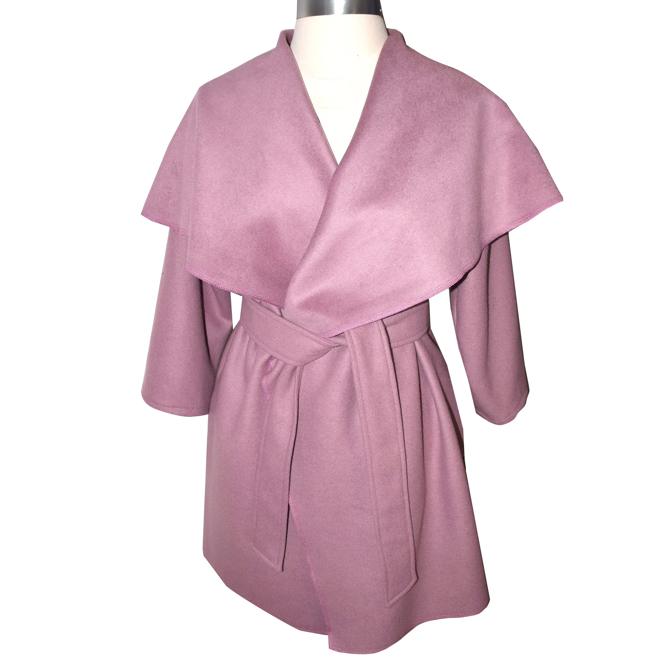 Elegant Mauve Rose Soft Cashmere Wool Blend Wrap Coat