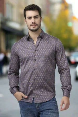 Elegant Navy Contemporary Print Men's Long Sleeve Slim Fit Shirt