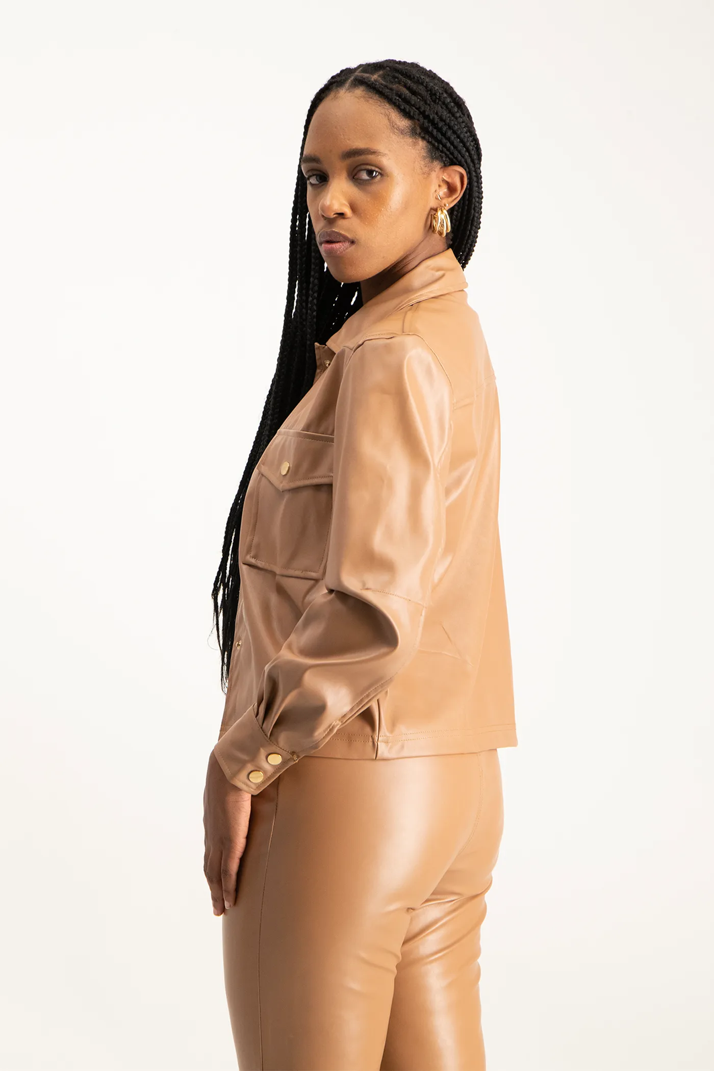 Eliana Faux Leather Shacket - Camel