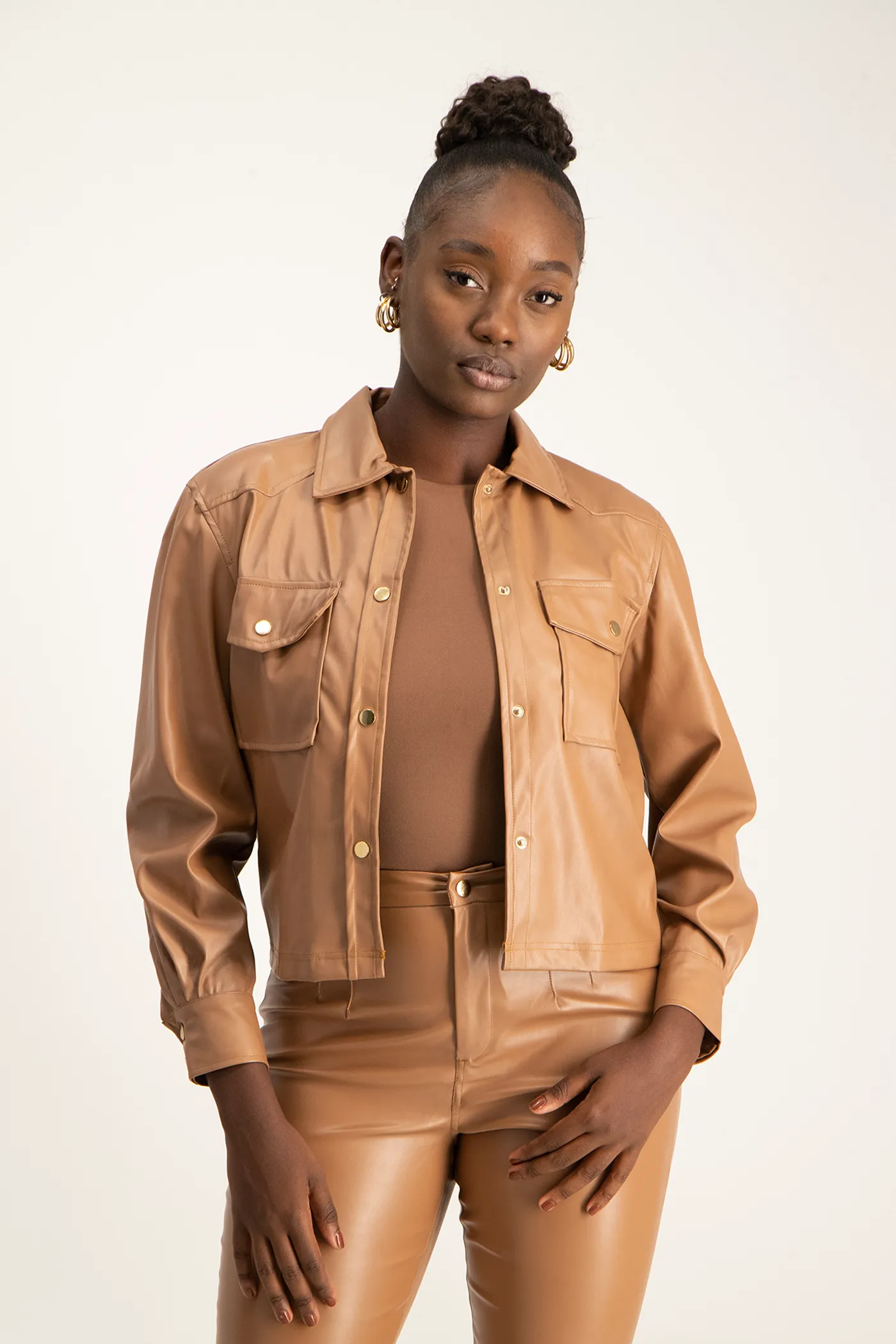Eliana Faux Leather Shacket - Camel