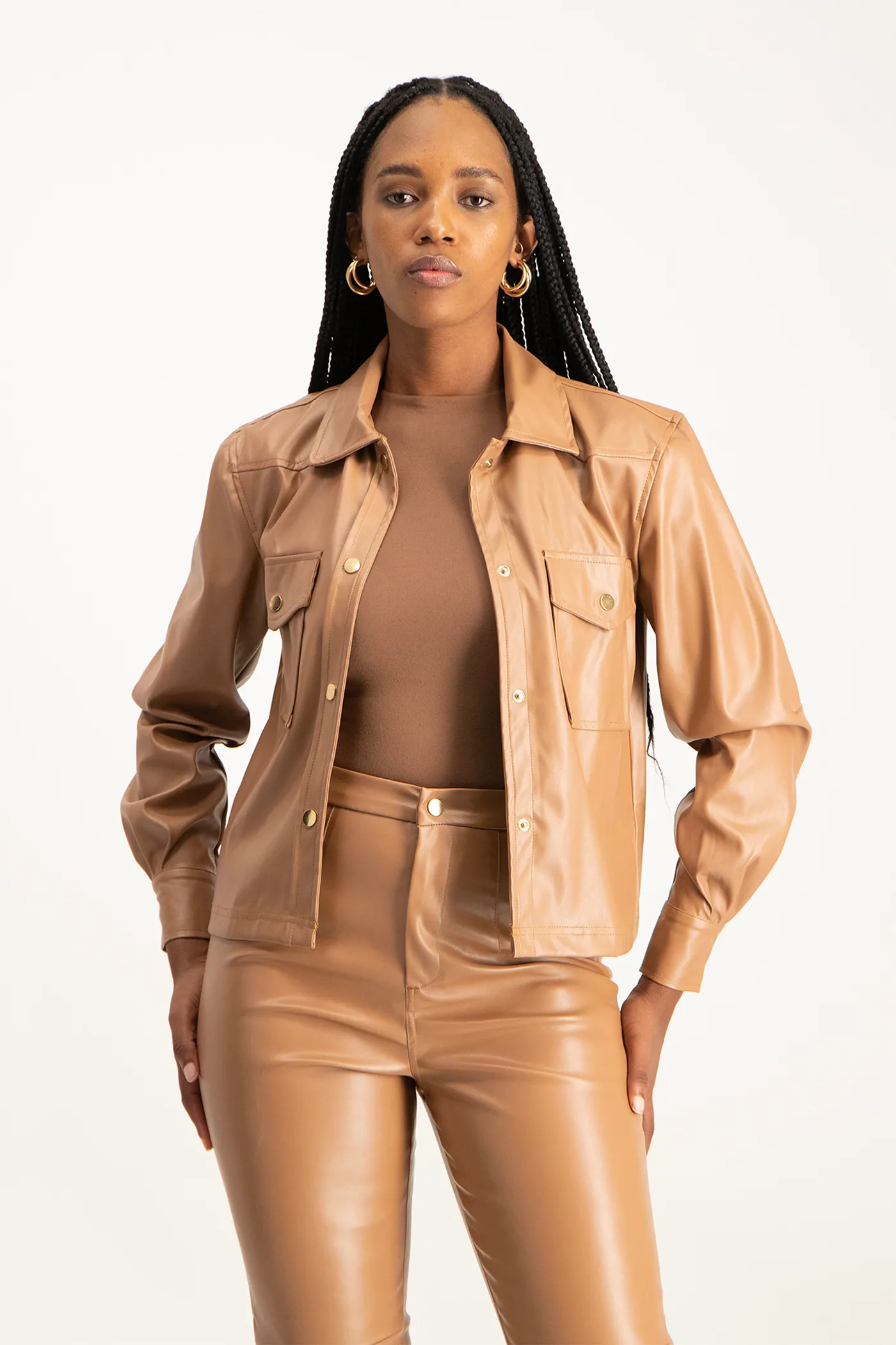 Eliana Faux Leather Shacket - Camel