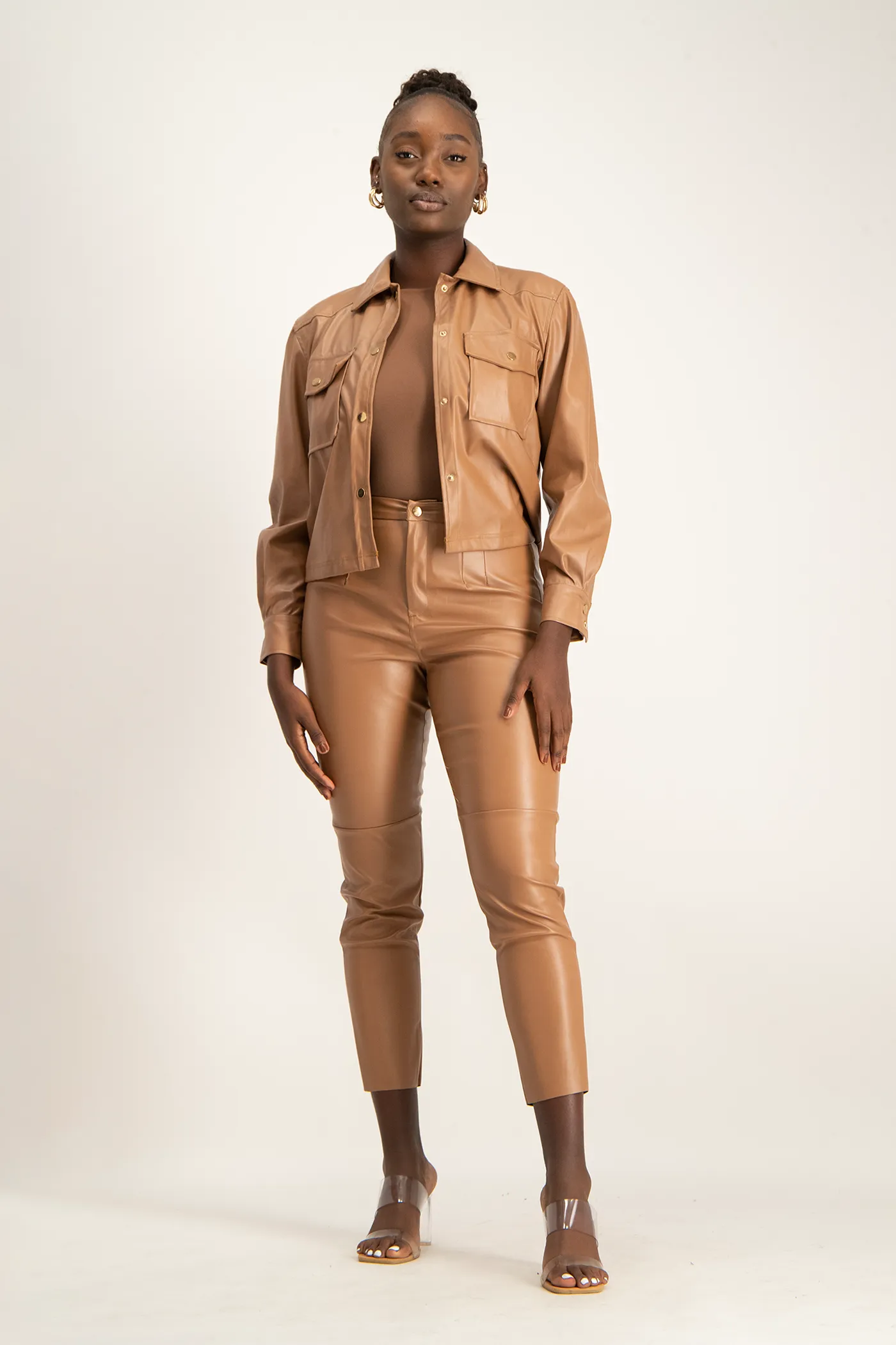 Eliana Faux Leather Shacket - Camel