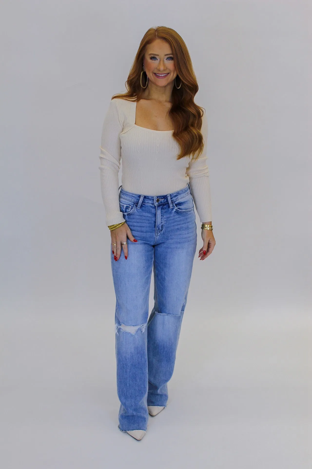 Fall in Love Square Neck Ribbed Top- Cream