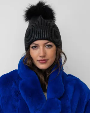 FINAL SALE - Metallic Ribbed Faux Fur Pom-Pom Hat black