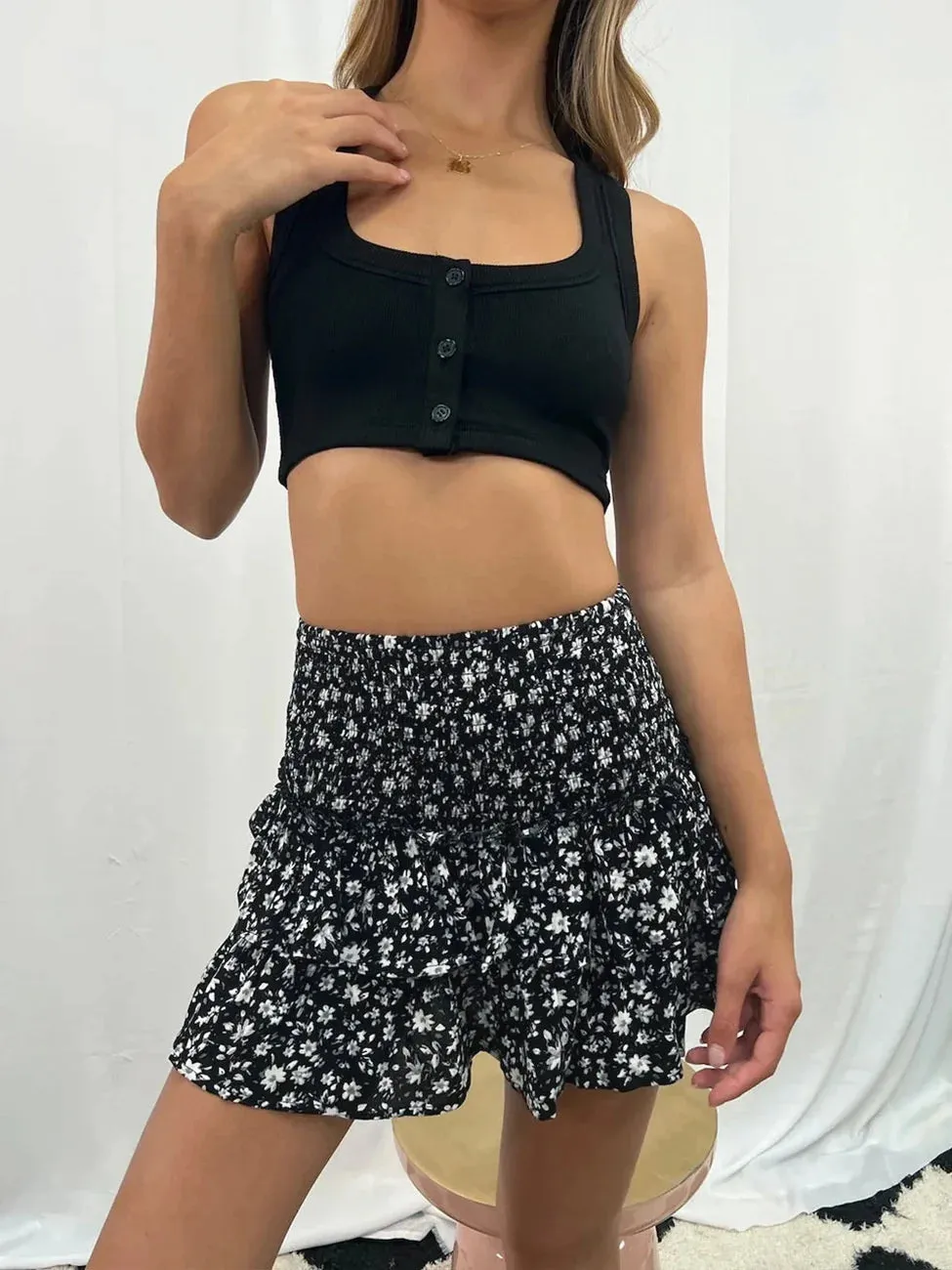 Floral Pleated Ruffled Edge  High Waist Short Skirts
