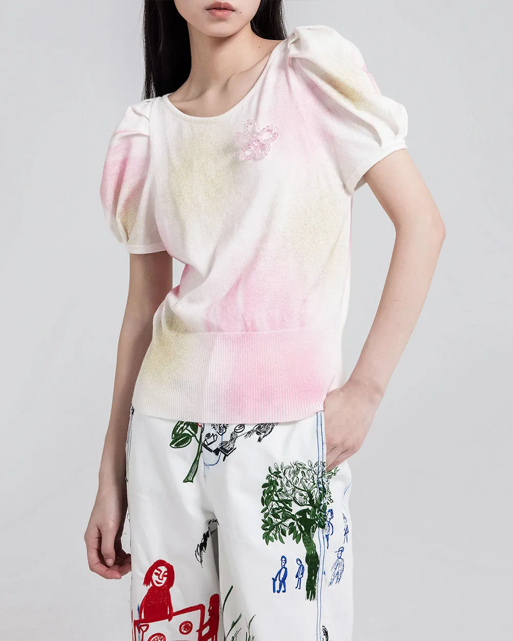 Flower Brooch Knit Top