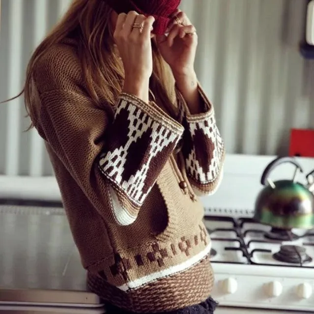 Folk-custom Drawstring Hit Color Printing Hooded Sweaters