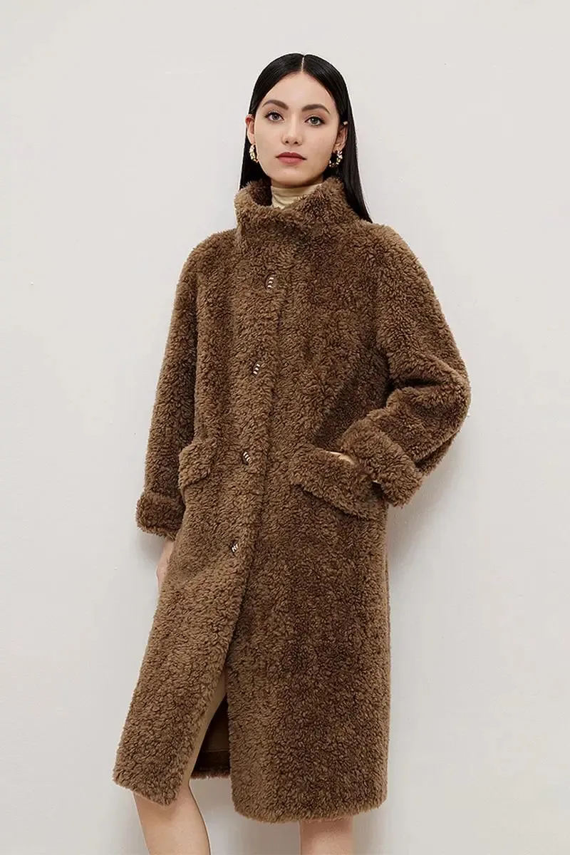 Genuine Shearling & Faux Suede Long Coat with Stand Collar