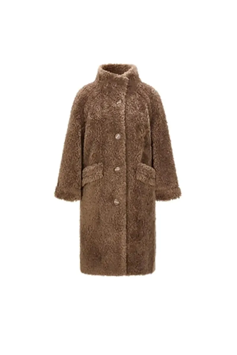 Genuine Shearling & Faux Suede Long Coat with Stand Collar