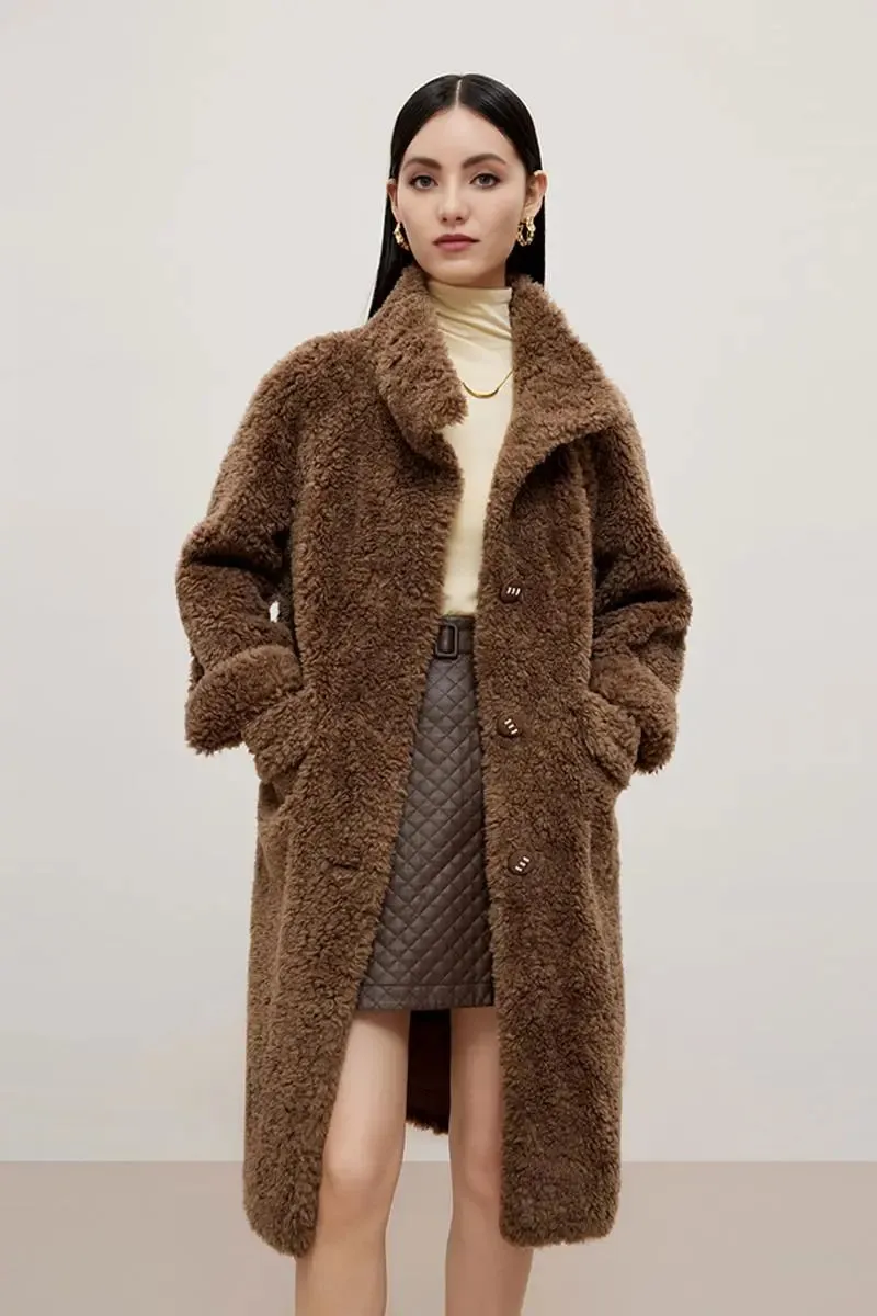 Genuine Shearling & Faux Suede Long Coat with Stand Collar