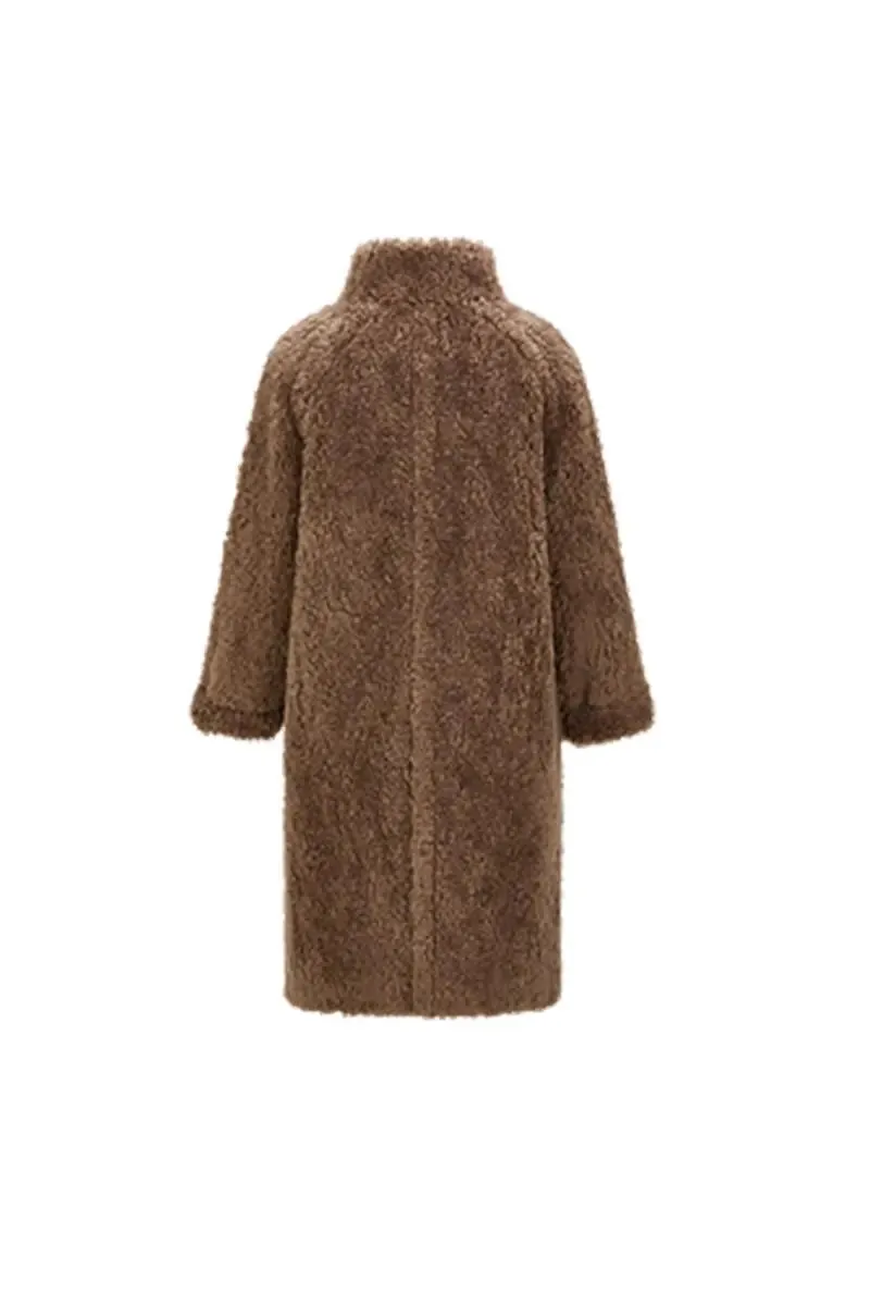 Genuine Shearling & Faux Suede Long Coat with Stand Collar