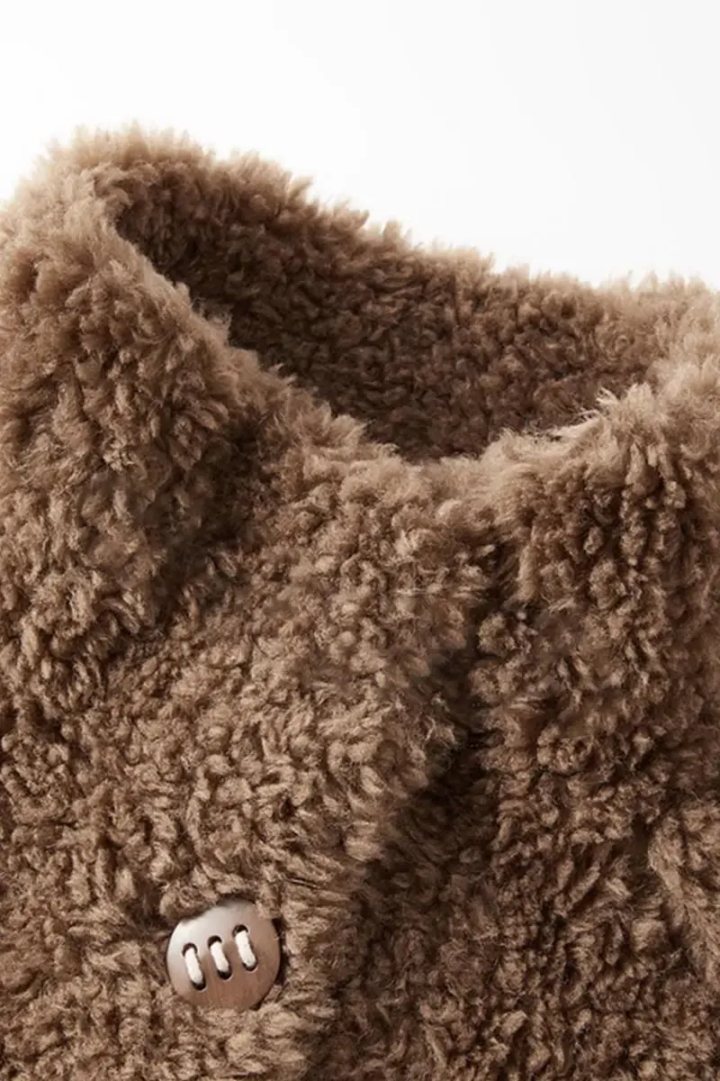 Genuine Shearling & Faux Suede Long Coat with Stand Collar