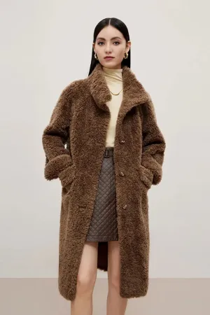 Genuine Shearling & Faux Suede Long Coat with Stand Collar
