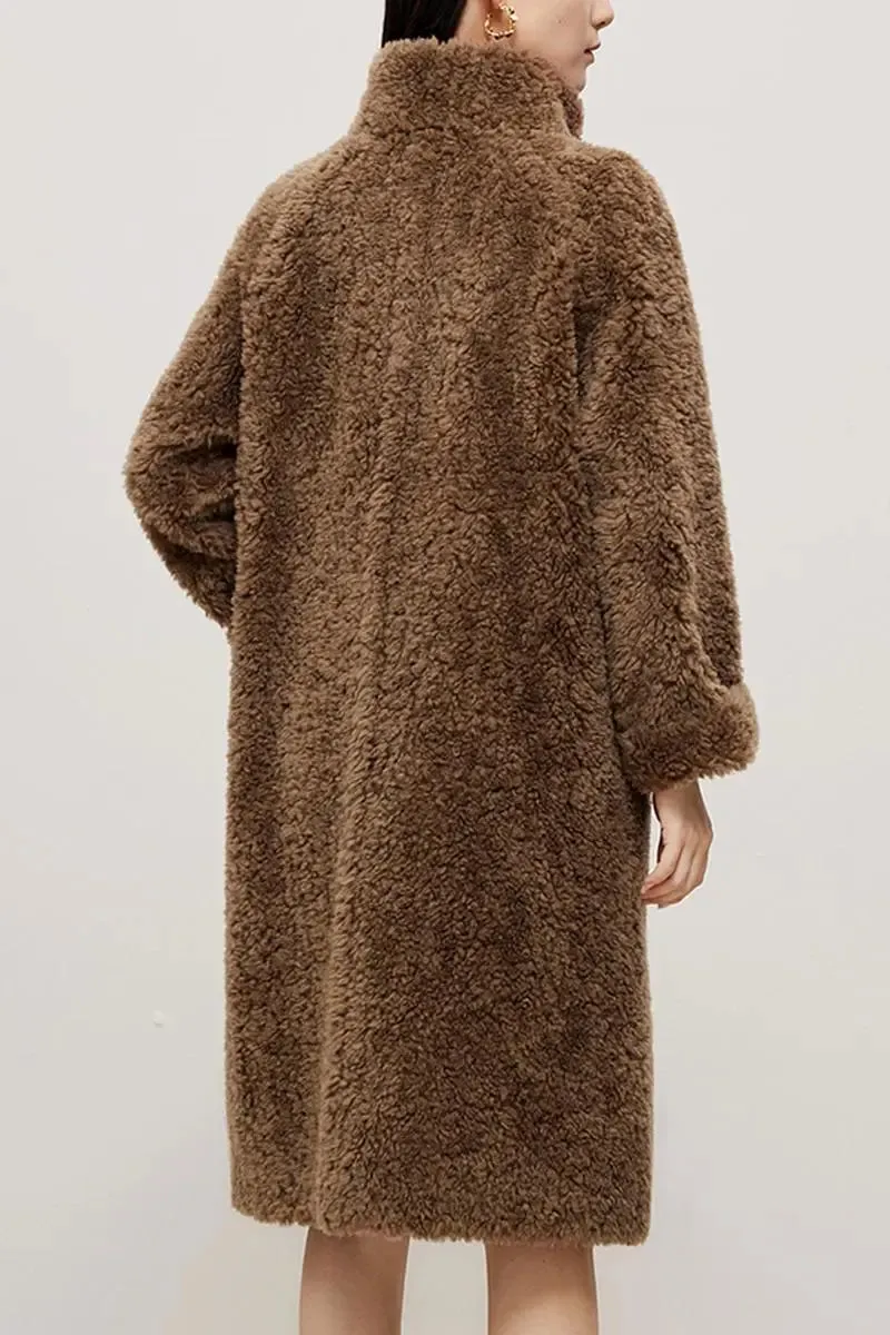 Genuine Shearling & Faux Suede Long Coat with Stand Collar