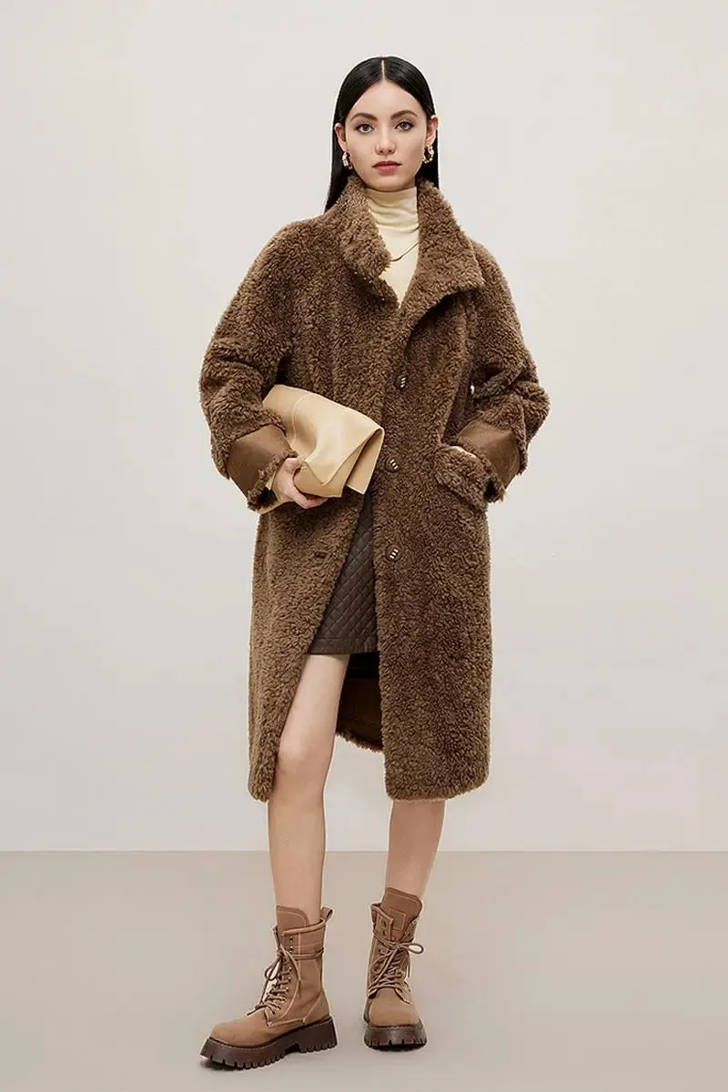 Genuine Shearling & Faux Suede Long Coat with Stand Collar