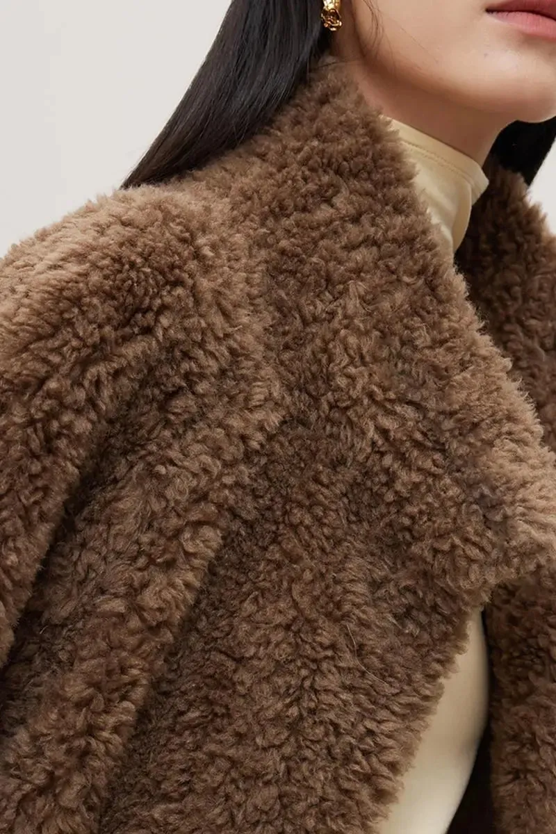 Genuine Shearling & Faux Suede Long Coat with Stand Collar