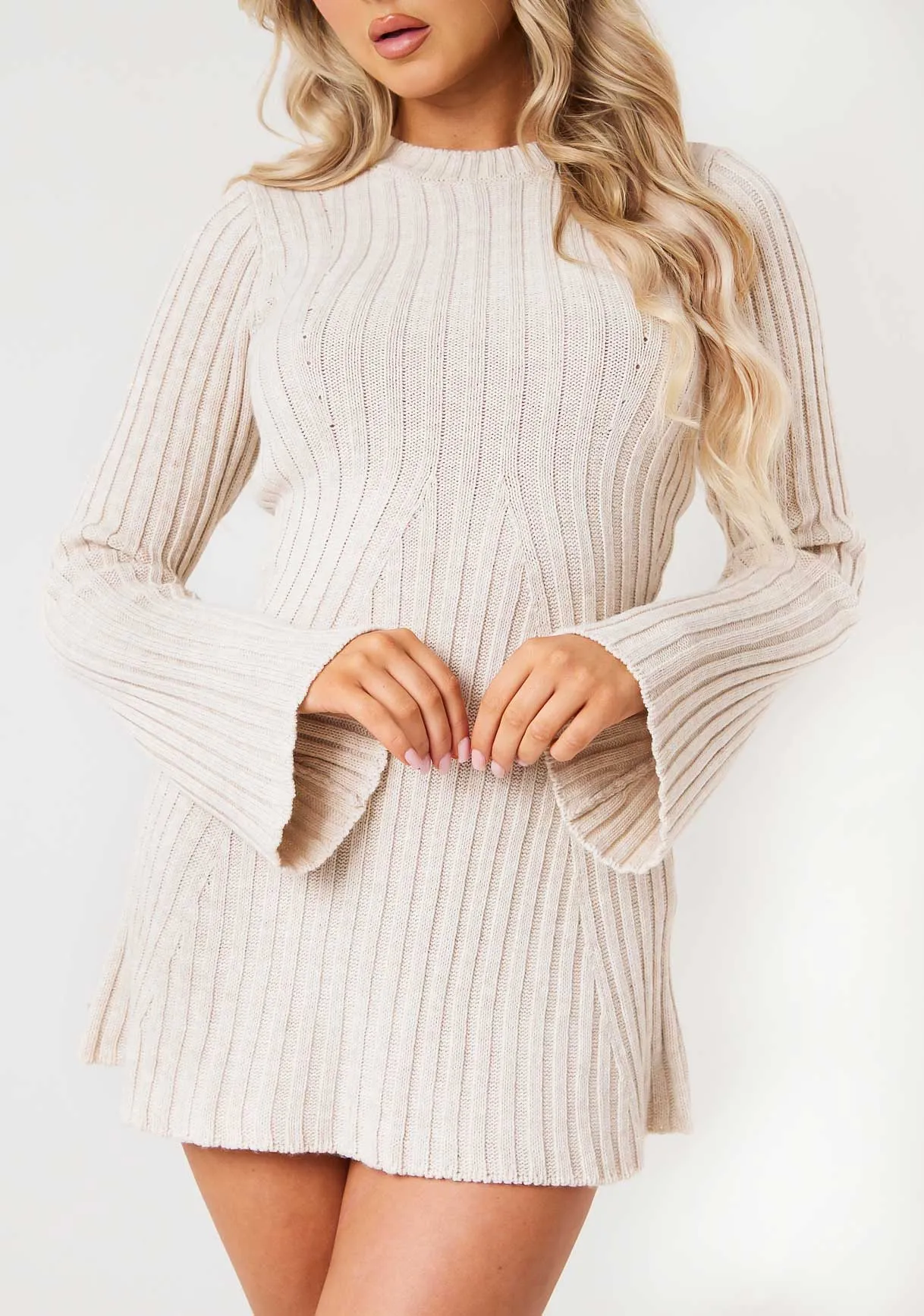 Harper Beige Rib Knit Flare Mini Dress