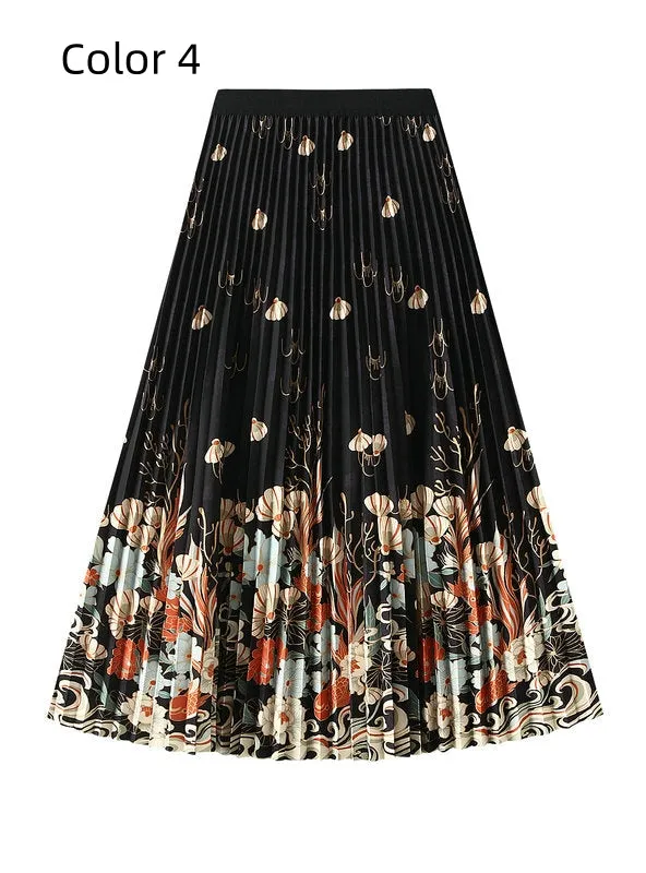 High Waist Slim Printed Pleated Skirt