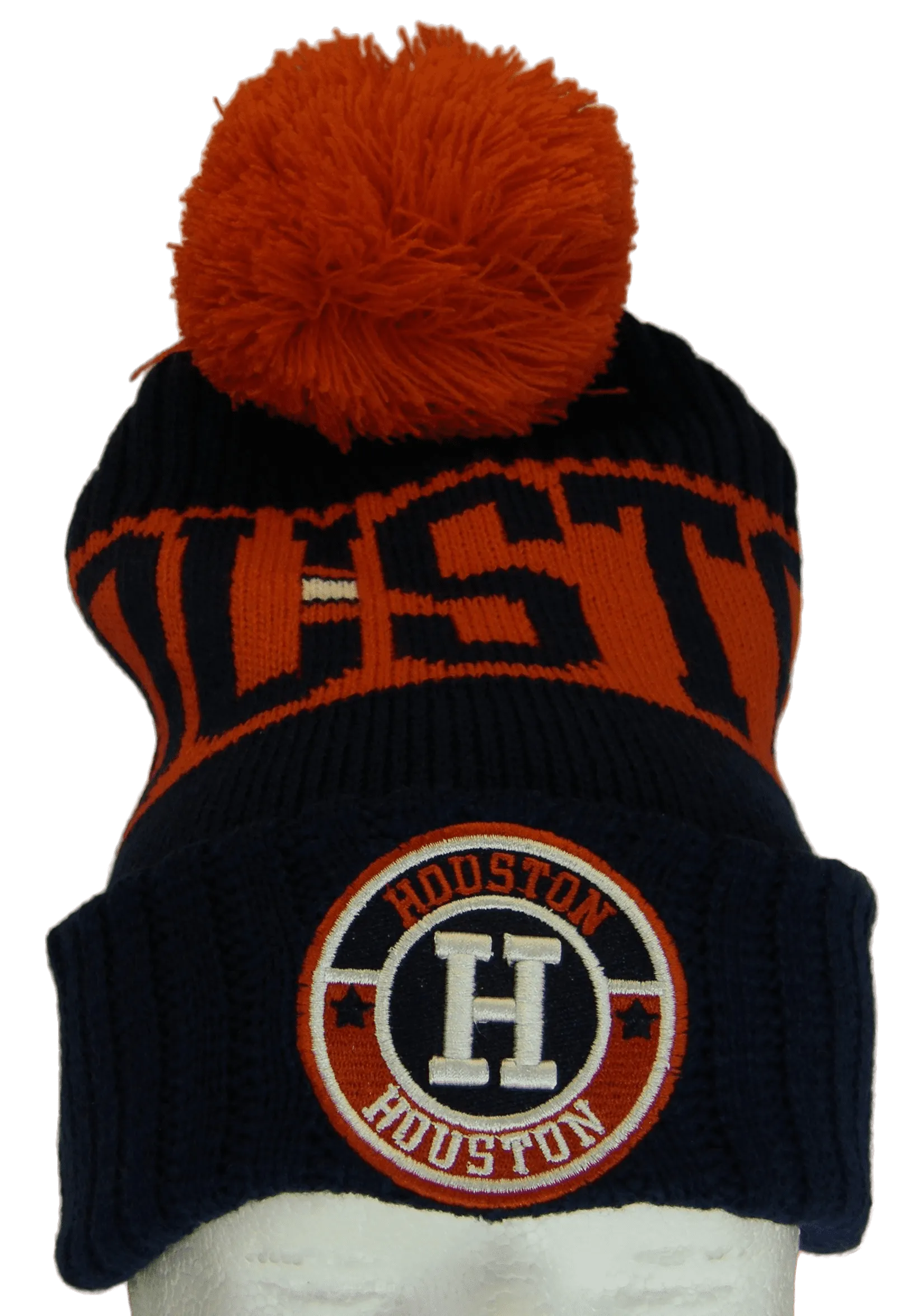 Houston City Name Three Stripe Circular Patch Pom Beanie Winter Hat (Navy Blue/Red)