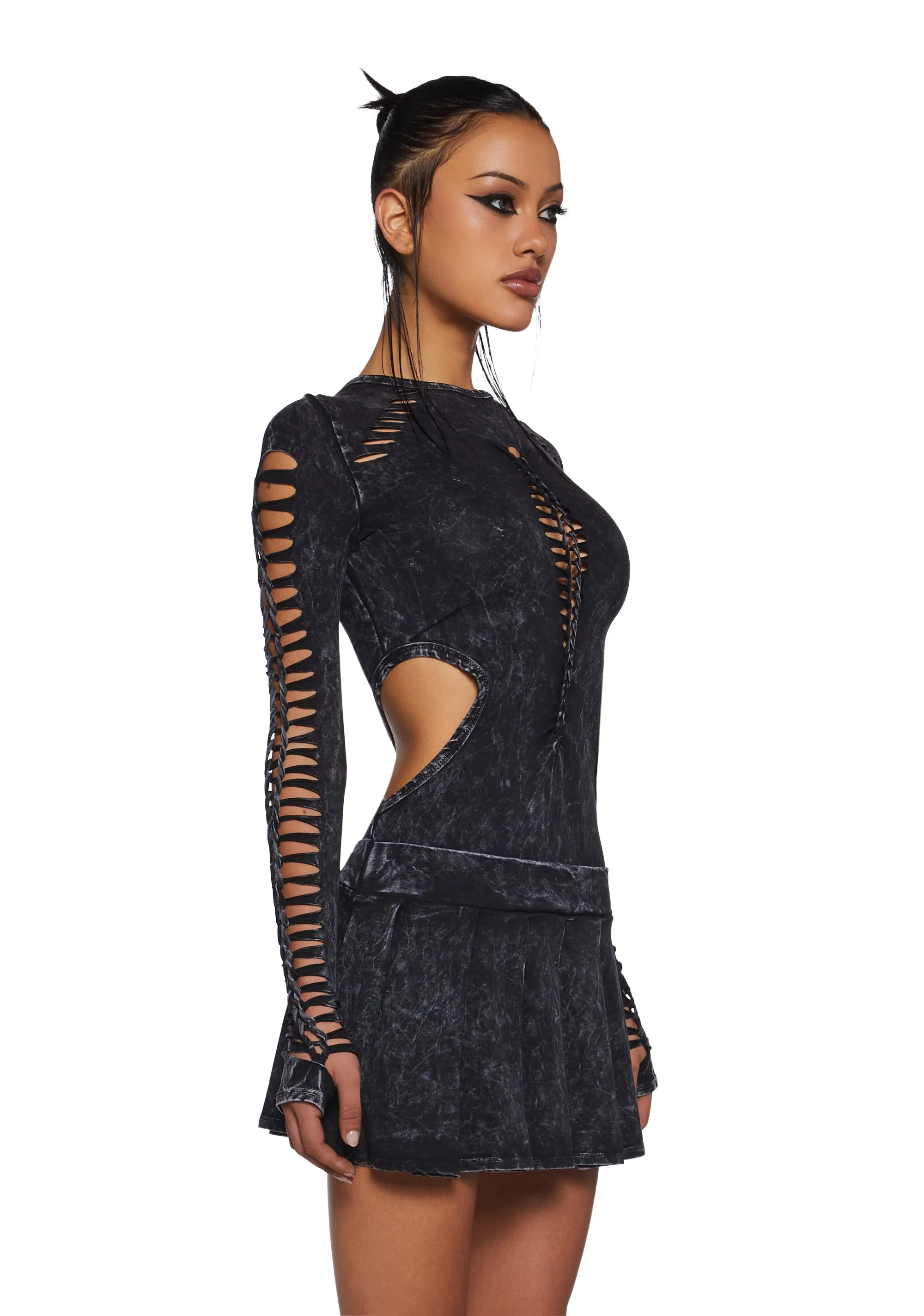 Into It Shredded Mini Dress - Black