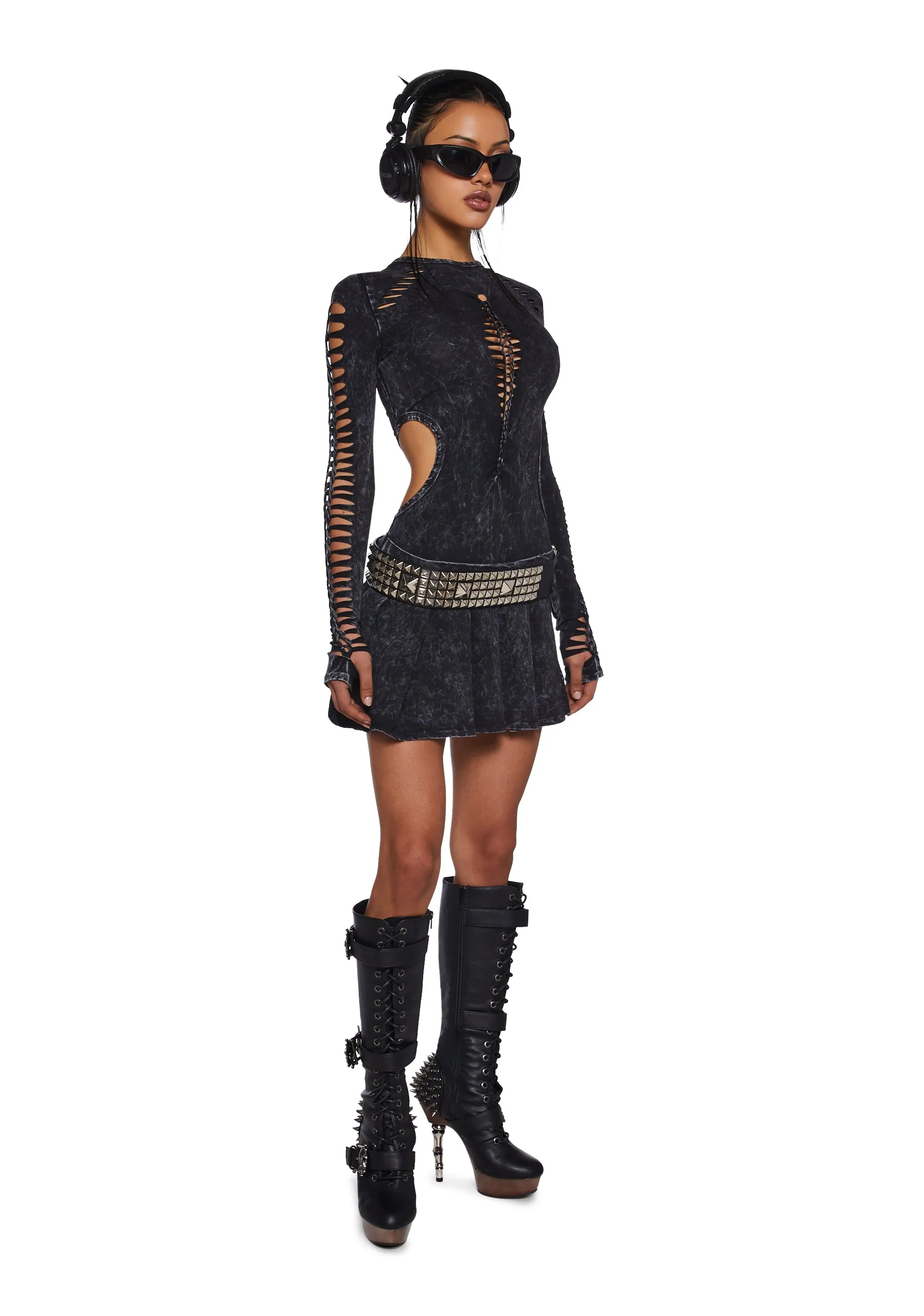 Into It Shredded Mini Dress - Black