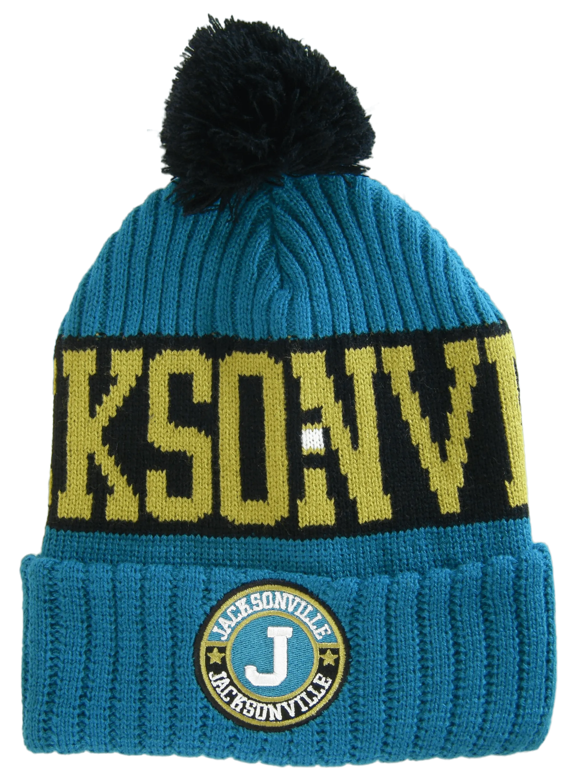 Jacksonville City Name Three Stripe Circular Patch Pom Beanie Winter Hat (Teal/Yellow)