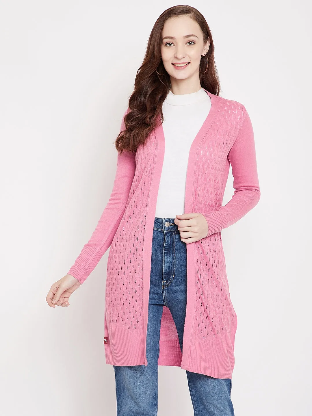 JUMP USA Women Front Open Pink Cardigan Long Shrug