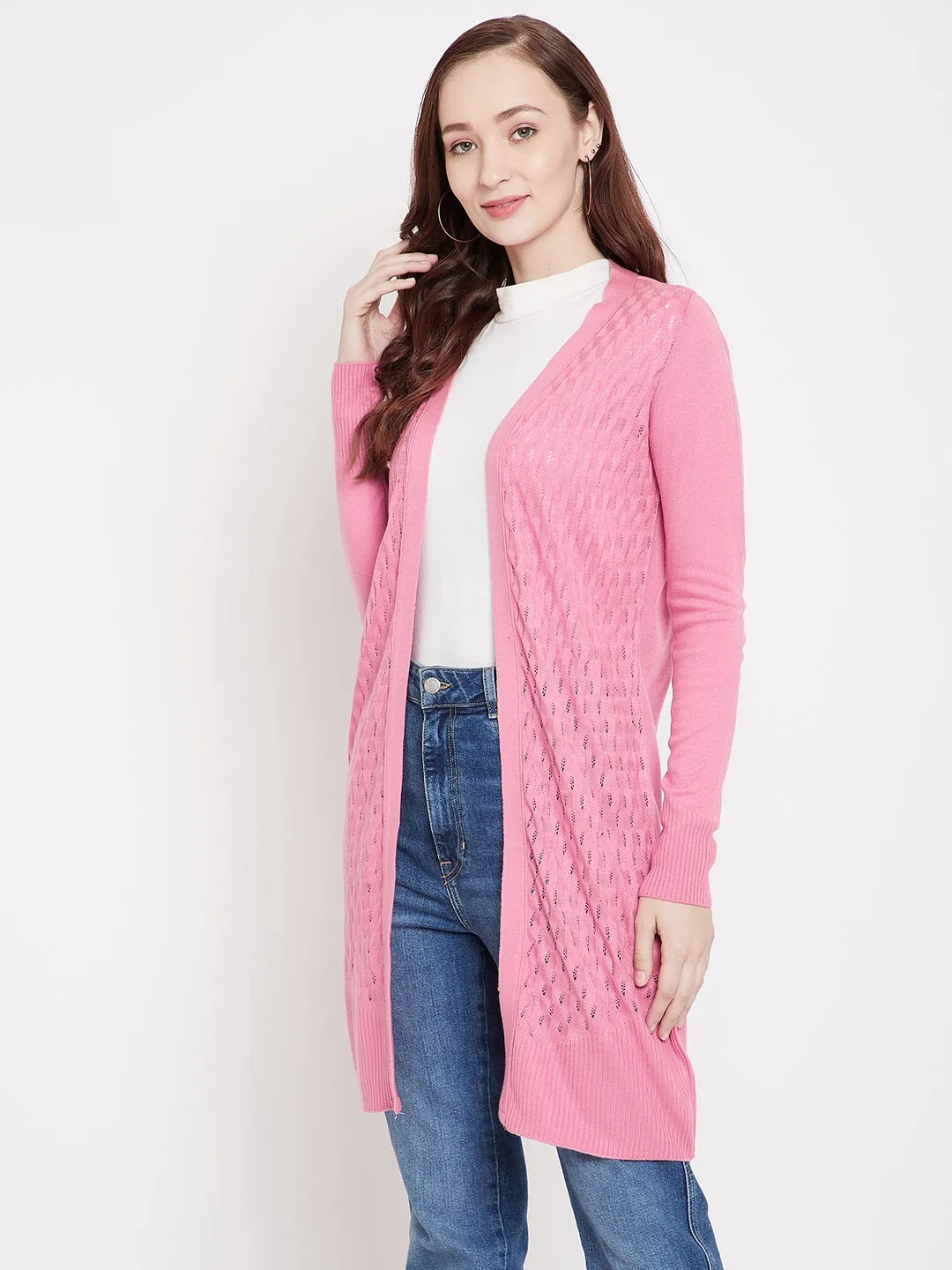 JUMP USA Women Front Open Pink Cardigan Long Shrug