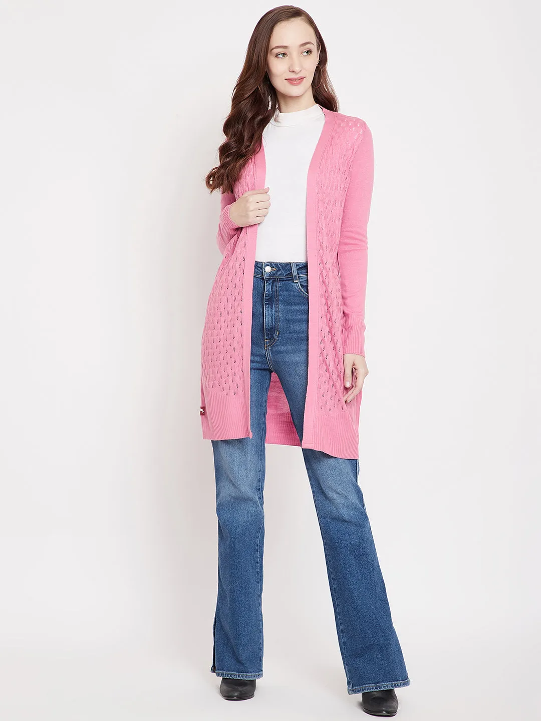 JUMP USA Women Front Open Pink Cardigan Long Shrug