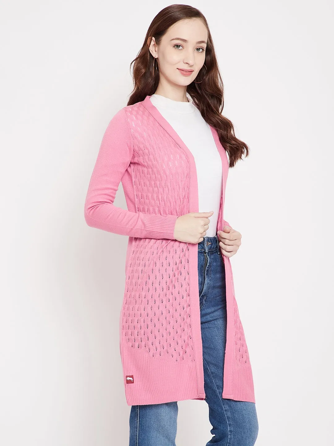 JUMP USA Women Front Open Pink Cardigan Long Shrug