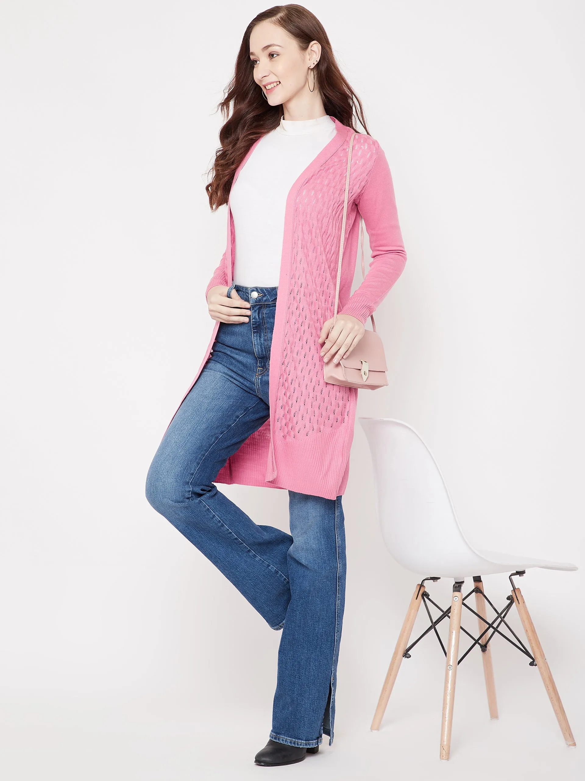 JUMP USA Women Front Open Pink Cardigan Long Shrug