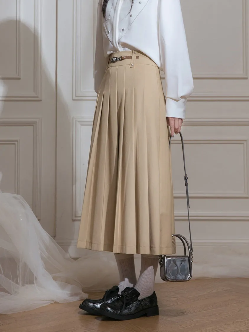 Leather Buckle Pleated Long Skirt