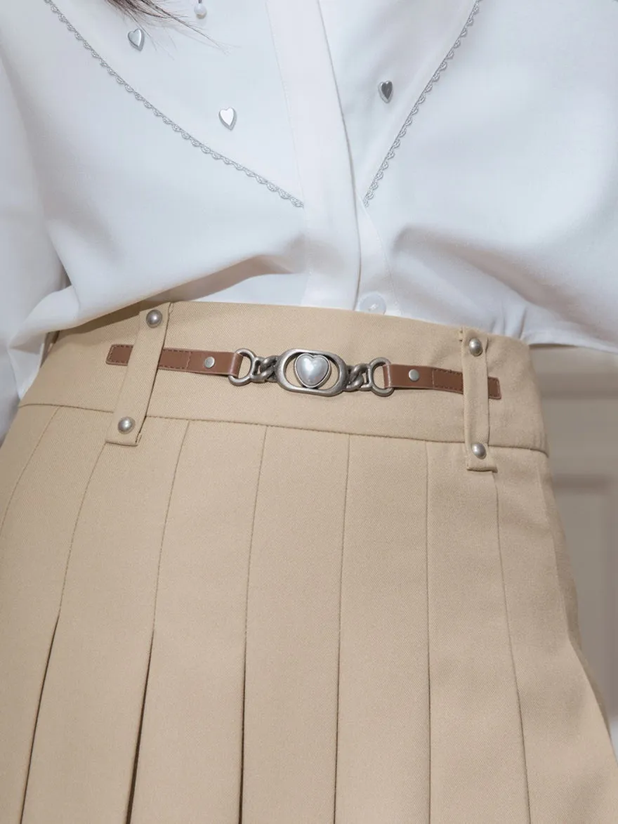 Leather Buckle Pleated Long Skirt