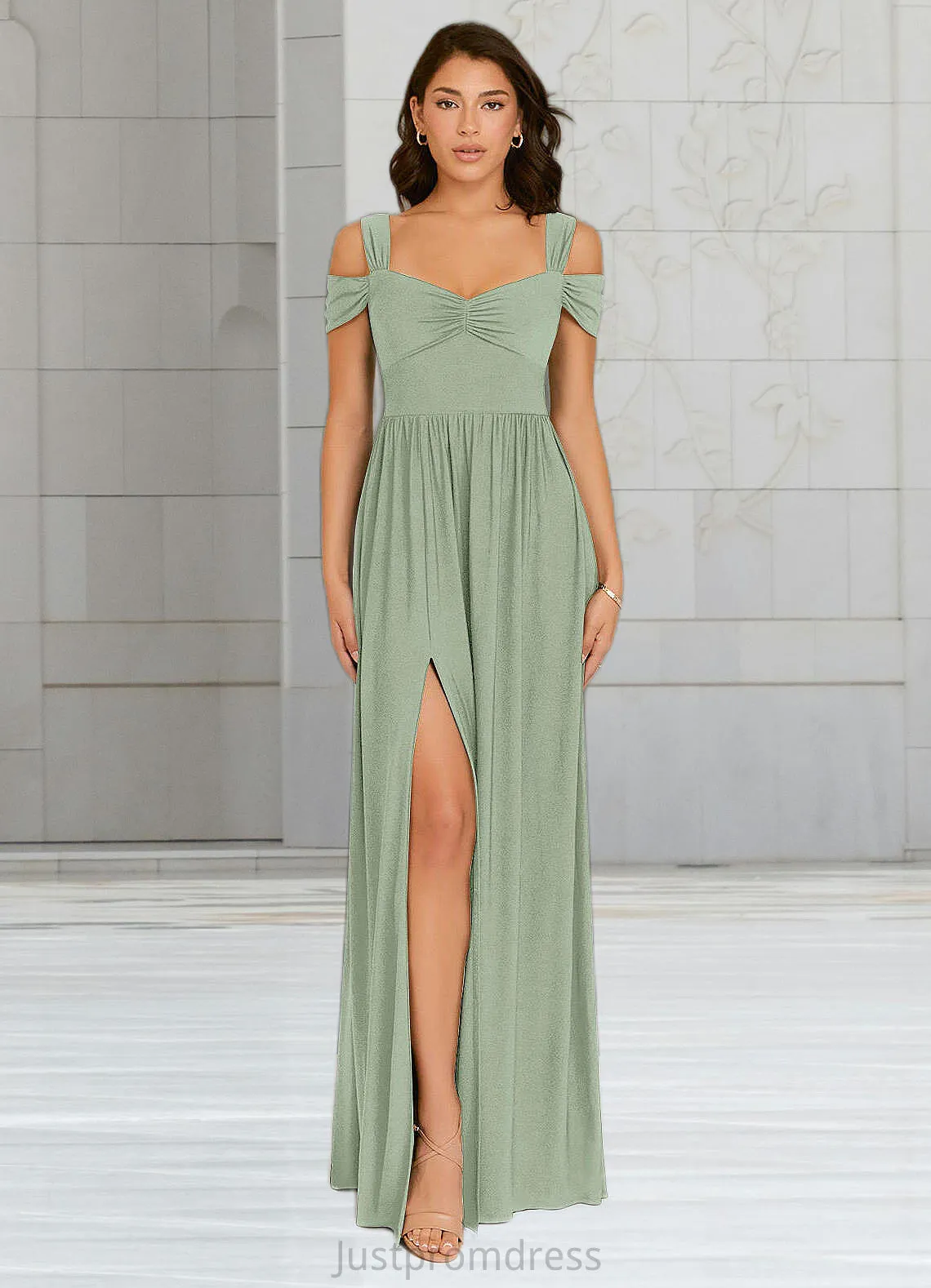 Lesly A-Line Pleated Luxe Knit Floor-Length Dress Agave HHP0022742