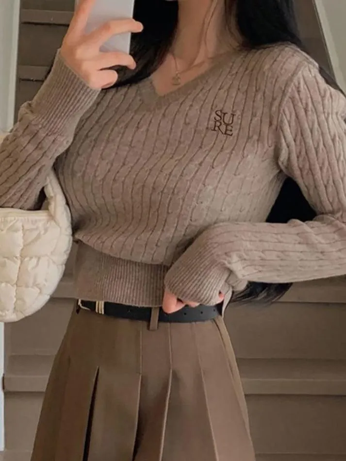 Long Sleeve V-Neck Lettering Embroidered Cable-Knit Crop Top