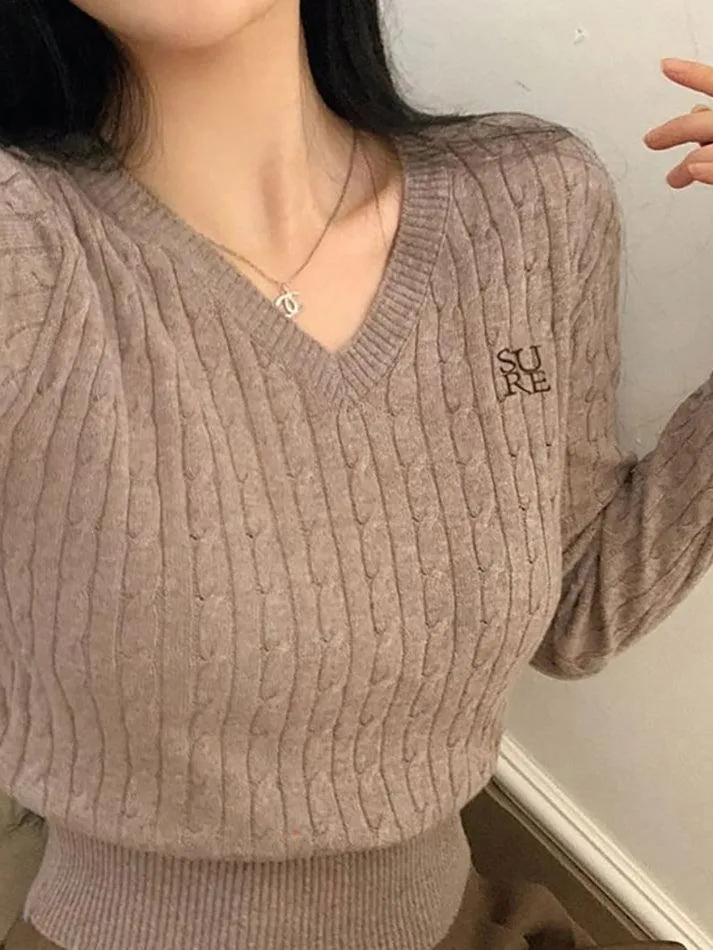 Long Sleeve V-Neck Lettering Embroidered Cable-Knit Crop Top
