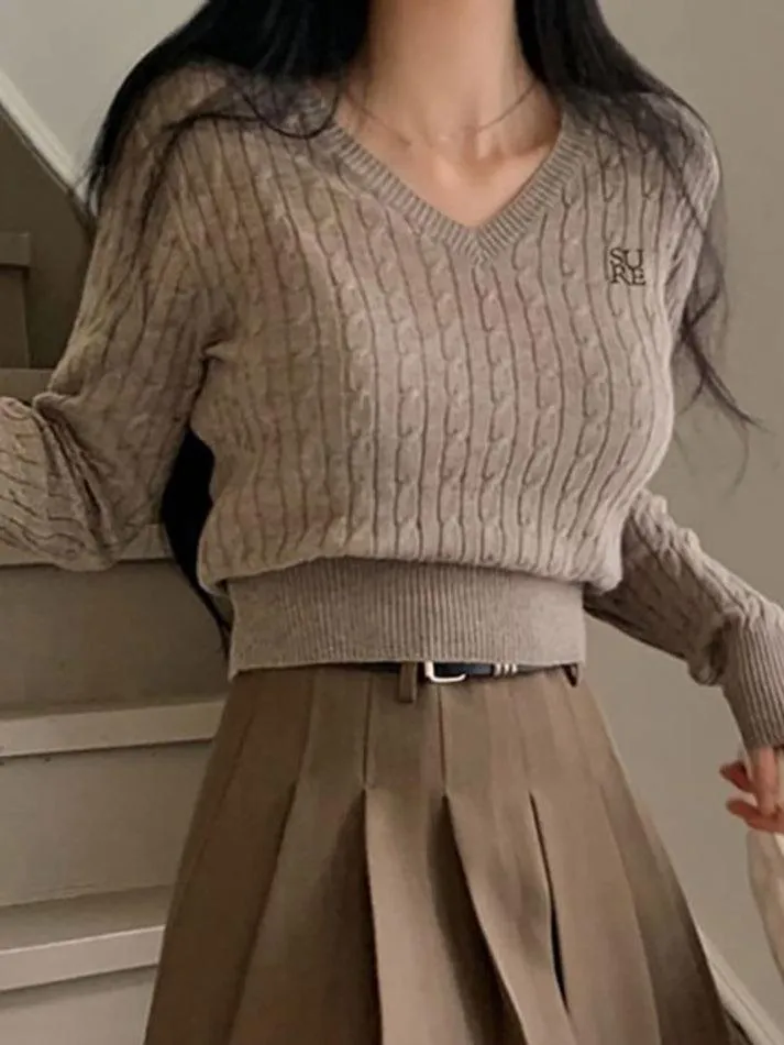 Long Sleeve V-Neck Lettering Embroidered Cable-Knit Crop Top