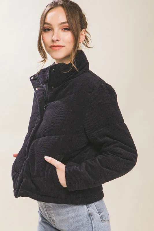 Love Tree Corduroy Puffer Jacket with Toggle Detail