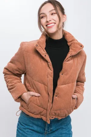 Love Tree Corduroy Puffer Jacket with Toggle Detail